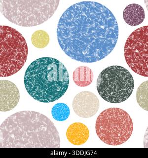 Motif abstrait avec des cercles texturés multicolores sur fond blanc. La disposition aléatoire et les surfaces marbrées créent une texture ludique et vibrante pour le design Banque D'Images