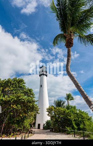 Vieux phare de Cape Florida par une journée ensoleillée, un palmier au premier plan, Key Biscayne, Floride Banque D'Images