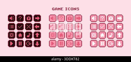 Ensemble d'icônes de boutons de jeu de pixels - thème rose Illustration de Vecteur