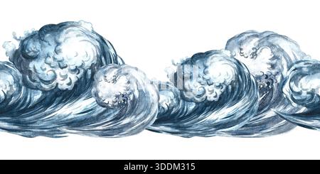 Frontière sans couture avec vagues de mer. Illustrations aquarelles dessinées à la main. Images colorées. Pour textiles et cartes postales, affiches et bannières, emballages et Banque D'Images