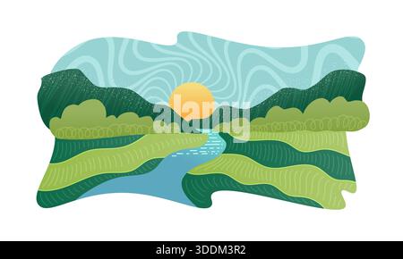 Illustration de la vallée rurale verte luxuriante avec des rivières coulantes et lever du soleil dans le style dessiné à la main. Illustration de paysage minimaliste Illustration de Vecteur