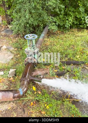 Une conduite d'eau ouverte dans la forêt, arrosage des arbres, une bouche d'incendie et une vanne d'eau. Un tuyau avec de l'eau qui en sort. Le tuyau est vert et rouillé Banque D'Images