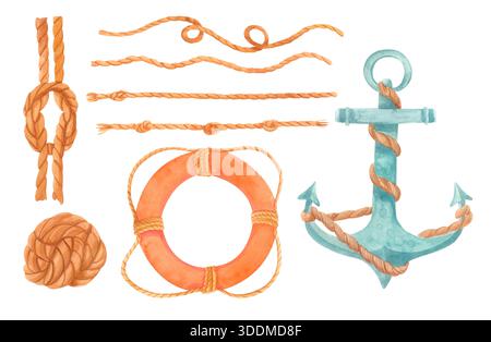 Aquarelle éléments nautiques ensemble avec ancre, bouée de sauvetage et cordes isolées sur blanc. Banque D'Images