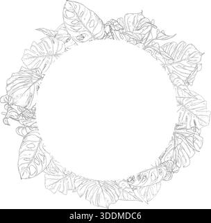 Monstera feuilles sur un cadre rond, croquis noir et blanc. Illustration vectorielle. Feuilles d'arbre tropical isolées sur fond blanc. Faune luxuriante et verte Illustration de Vecteur