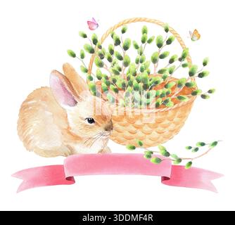 Composition de panier avec les branches de saules, papillons, ruban et lapin. Illustration aquarelle. Pour tissu, papier peint, papier d'emballage Banque D'Images