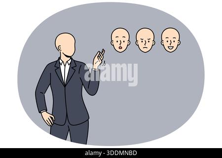 Homme d'affaires sans visage choisit le visage masque avec des émotions différentes, pour le concept de la capacité à gérer l'humeur. Homme d'affaires en costume formel choisissant des émotions appropriées à manipuler pendant les négociations Illustration de Vecteur