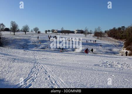 Epsom Downs Surrey, Royaume-Uni. 2 janvier 2026. La première neige de 2026. Les chutes de neige de la nuit ont laissé une bonne couverture de blanc sur Epsom Downs. Avec des familles dehors en luge près de la tribune. Crédit : Julia Gavin/Alamy Live News Banque D'Images