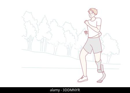 Jeune homme souriant avec une jambe prothétique en train de courir dans le parc. Joyeux homme handicapé avec prothèse de jogging de formation à l'extérieur. Invalidité et vie normale. Illustration vectorielle. Illustration de Vecteur