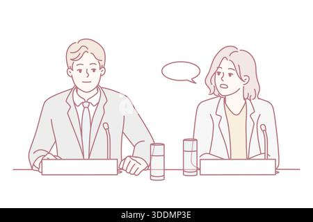 Discussion de réunion d'affaires, équipe d'entreprise collaborant pendant l'entrevue, professionnels engagés dans la discussion formelle d'entrevue, rencontre entre deux professionnels dans l'environnement d'entreprise Illustration de Vecteur