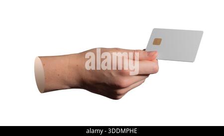 Une main saisit soigneusement une carte financière avec puce dorée isolée sur blanc. Banque D'Images