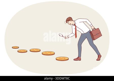 Homme d'affaires à la recherche d'opportunités d'investissement, suivant la piste des pièces d'or et tenant la loupe dans les mains. L'investisseur veut atteindre l'objectif d'investissement et le potentiel de croissance financière Illustration de Vecteur