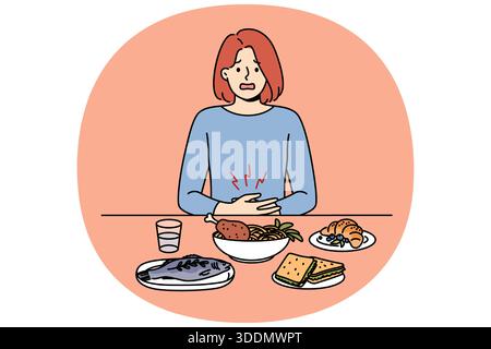 Fille souffre de douleurs à l'estomac dues à des problèmes digestifs, assis à la table avec de la nourriture. La femme malade a besoin de consultation avec un nutritionniste pour restaurer la santé de l'estomac et des organes digestifs. Illustration de Vecteur