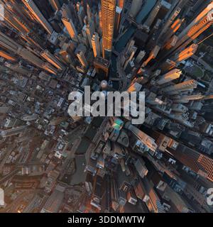 Vue aérienne de gratte-ciel saisissant la lueur chaude du soleil couchant, juxtaposés aux ombres fraîches, au-dessus de la rivière Chicago, Chicago, Illinois, Banque D'Images
