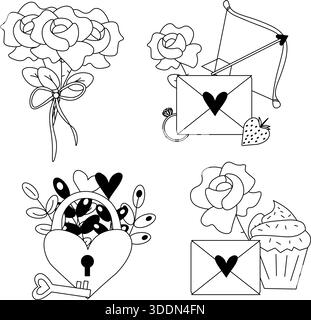 Ensemble d'éléments de la Saint-Valentin. Set de composition Saint-Valentin. Illustration en noir et blanc de la ligne graphique vectorielle. Pour affiche, flyer, bannière, invitation, Illustration de Vecteur