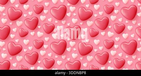 Motif sans couture Saint-Valentin avec coeurs 3D en blanc, rouge et rose. Texture romantique idéale pour les cartes de vœux, papier d'emballage, papier peint, ou Illustration de Vecteur