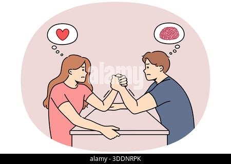 Conflit de genre entre l'homme et la femme engagés dans la lutte au bras, et la pensée avec le cœur ou le cerveau. Différence les manières rationnelles et émotionnelles de penser provoquent des conflits de genre au couple Illustration de Vecteur