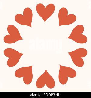 Cadre circulaire simple fait de formes de coeur rouge audacieux disposés dans un anneau propre et moderne. Design minimaliste et ludique parfait pour la Saint-Valentin, l'amour Illustration de Vecteur