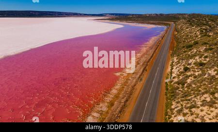 Une vue aérienne met en valeur un lac salé rose le long d'une route solitaire, mettant en évidence le contraste des couleurs dans un paysage naturel serein. Banque D'Images