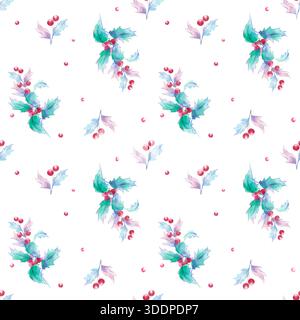 Motif aquarelle de branches de houx avec des baies rouges Banque D'Images