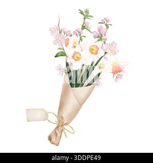 Bouquet de jonquilles de printemps, fleurs de cerisier et feuilles vertes. Illustration aquarelle. Bouquet de fleurs est attaché avec de la corde et isolé sur fond. Banque D'Images
