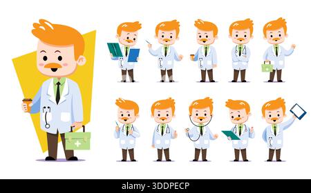 Collection de chibi mâle mignon expérimenté médecin senior ou personnage de professeur dans diverses poses professionnelles. Parfait pour les présentations de soins de santé, moi Illustration de Vecteur