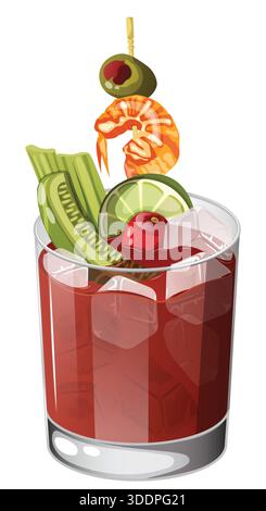 Cocktail Vodka Bloody Mary avec crevettes, concombre mariné, céleri, tomate, citron vert et garniture d'olive – illustration vectorielle isolée de boisson chargée Illustration de Vecteur