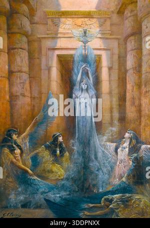 Georges Clairin - la déesse Neith - L'huile sur toile peint la déesse égyptienne ancienne Neith émergeant comme une figure spectrale dans un temple égyptien antique. Neith, la déesse du tissage, de la sagesse, de la guerre et de la création, est représentée en bleu éthéré, paraissant presque translucide. À ses pieds, des personnages en robes dorées lèvent les bras dans le culte, ajoutant à l'atmosphère rituelle de la scène. Clairin était connu pour ses grandes compositions historiques et était également le portraitiste préféré de l'actrice Sarah Bernhardt. Banque D'Images