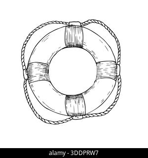 Bouée de sauvetage vectorielle. Illustration linéaire peinte à la main de l'équipement de sécurité et de sauvetage. Croquis monochrome graphique isolé sur fond. Pour les designers, les imprimés Illustration de Vecteur