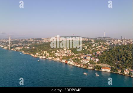 Une prise de vue aérienne capture un paysage urbain côtier vibrant à l'architecture variée niché au milieu d'une végétation luxuriante. Istanbul présente un beau mélange de na Banque D'Images