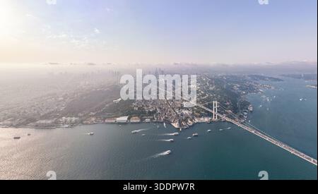 Vue aérienne à couper le souffle d'Istanbul avec le pont du Bosphore, le paysage urbain et les eaux bleues sereines. L'image capture l'essence d'une animation Banque D'Images