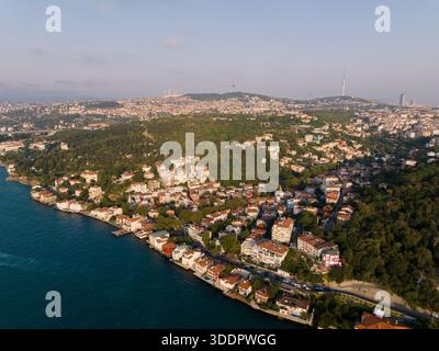 Une prise de vue aérienne capture un paysage urbain côtier vibrant à l'architecture variée niché au milieu d'une végétation luxuriante. Istanbul présente un beau mélange de na Banque D'Images
