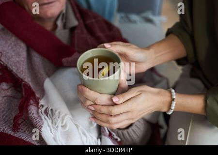 Femme caucasienne d'âge moyen aidant l'homme caucasien senior en tenant une tasse de thé avec une tranche de citron, les mains supportant doucement la tasse, un homme âgé assis enveloppé dans une couverture Banque D'Images