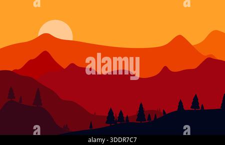 Paysage de montagne au coucher du soleil avec forêt de pins Illustration de Vecteur
