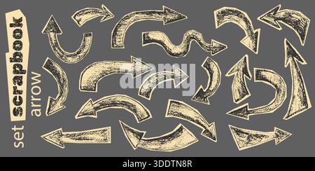 Flèches de crayon colorées dessinées à la main avec griffonnages audacieux, formes courbes et lignes texturées épaisses, idéales pour les cahiers et les journaux intimes ludiques Illustration de Vecteur