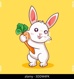 Mignon Cartoon Rabbit embrassant une grosse carotte illustration vectorielle dessin animé Kawaii Illustration de Vecteur