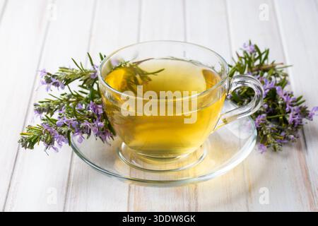 Tasse de thé au romarin sain avec bouquet de romarin frais, concept de boisson chaude à base de plantes d'hiver Banque D'Images