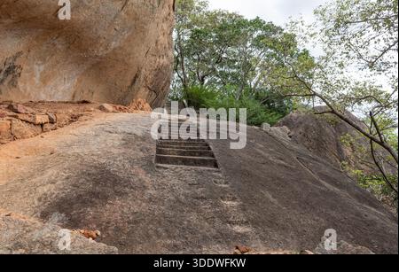 Un voyage vers le haut : ancien escalier taillé dans la roche d'un site historique sacré, offrant un chemin à travers la nature et l'histoire au Sri Lanka. Banque D'Images