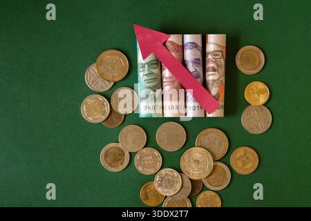 Concept de hausse de l'inflation avec des billets et des pièces de monnaie en peso colombien et une flèche vers le haut. Salaire minimum vital Banque D'Images