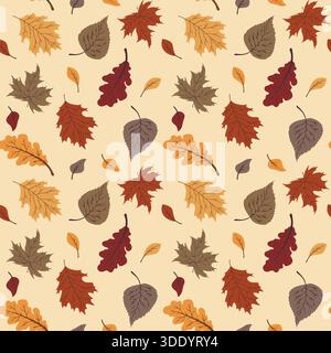 Un motif vectoriel sans couture de diverses feuilles d'automne dans des couleurs chaudes et terreuses. Caractéristiques chêne, érable et autres feuilles stylisées. Parfait pour les arrière-plans, te Illustration de Vecteur