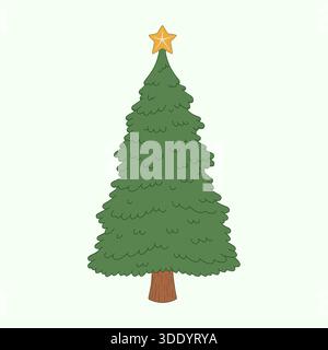 Une illustration vectorielle simple et mignonne d'un arbre de Noël vert avec une texture stylisée et moelleuse et un tronc brun, surmonté d'une étoile jaune, isolé dessus Illustration de Vecteur