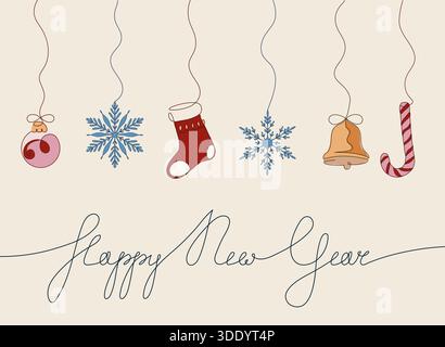 Une illustration vectorielle minimaliste mettant en vedette six ornements de vacances suspendus, y compris boule, flocons de neige, bas, cloche, et canne de bonbons, avec Happy New Illustration de Vecteur