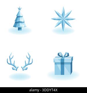 Collection de quatre icônes poly géométriques bleues avec un sapin de Noël, une étoile à huit branches, des bois de renne et une boîte cadeau sur un dos blanc Illustration de Vecteur