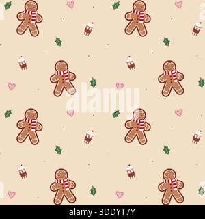 Adorable fond de vacances avec des hommes en pain d'épices portant des foulards rayés, entrecoupés de feuilles de gui, de petits coeurs et de cupcakes sur un être léger Illustration de Vecteur