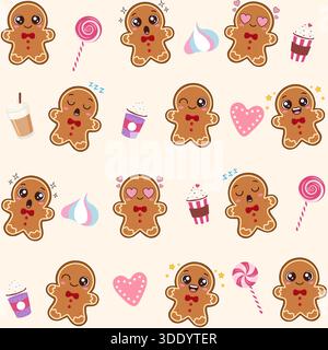 Un charmant motif sans couture mettant en vedette divers hommes adorables en pain d'épice exprimant différentes émotions (heureux, surpris, endormi, amoureux, clin d'œil) su Illustration de Vecteur