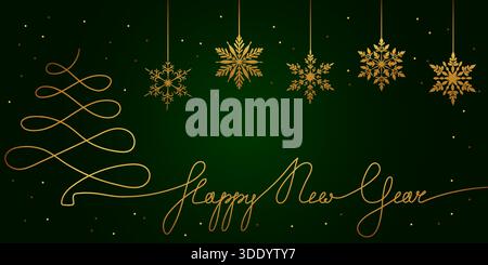 Une illustration vectorielle luxueuse avec un sapin de Noël doré en ligne continue et un script de bonne année, mettant en vedette cinq neige dorée complexe suspendue Illustration de Vecteur