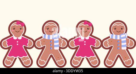 Une charmante bordure horizontale ou rangée de quatre personnages en pain d'épices alternés : deux filles en robes roses et des noeuds rouges, et deux garçons portant un an bleu Illustration de Vecteur