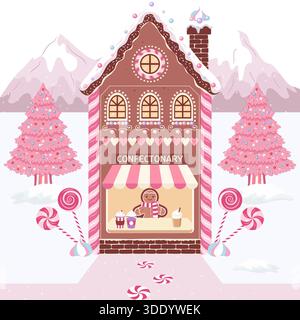 Une charmante illustration vectorielle d'une confiserie en pain d'épices avec un auvent rayé, un homme en pain d'épices à l'intérieur, des sucettes, un arbre de Noël rose Illustration de Vecteur