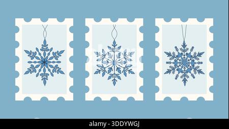 Une illustration vectorielle sur le thème de l'hiver avec trois motifs de flocon de neige bleu uniques affichés dans la forme de timbres-poste décoratifs, parfait pour Illustration de Vecteur