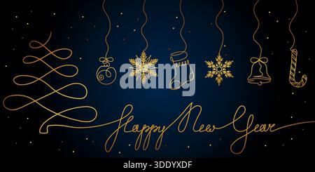 Une illustration vectorielle luxueuse avec un sapin de Noël doré en ligne continue et un script de bonne année, mettant en vedette cinq neige dorée complexe suspendue Illustration de Vecteur