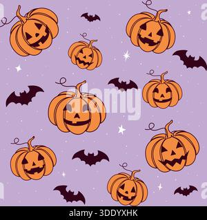 Un motif vectoriel sans couture charmant et ludique pour Halloween, mettant en vedette des citrouilles orange et des chauves-souris noires dispersées sur un dos violet pastel doux Illustration de Vecteur